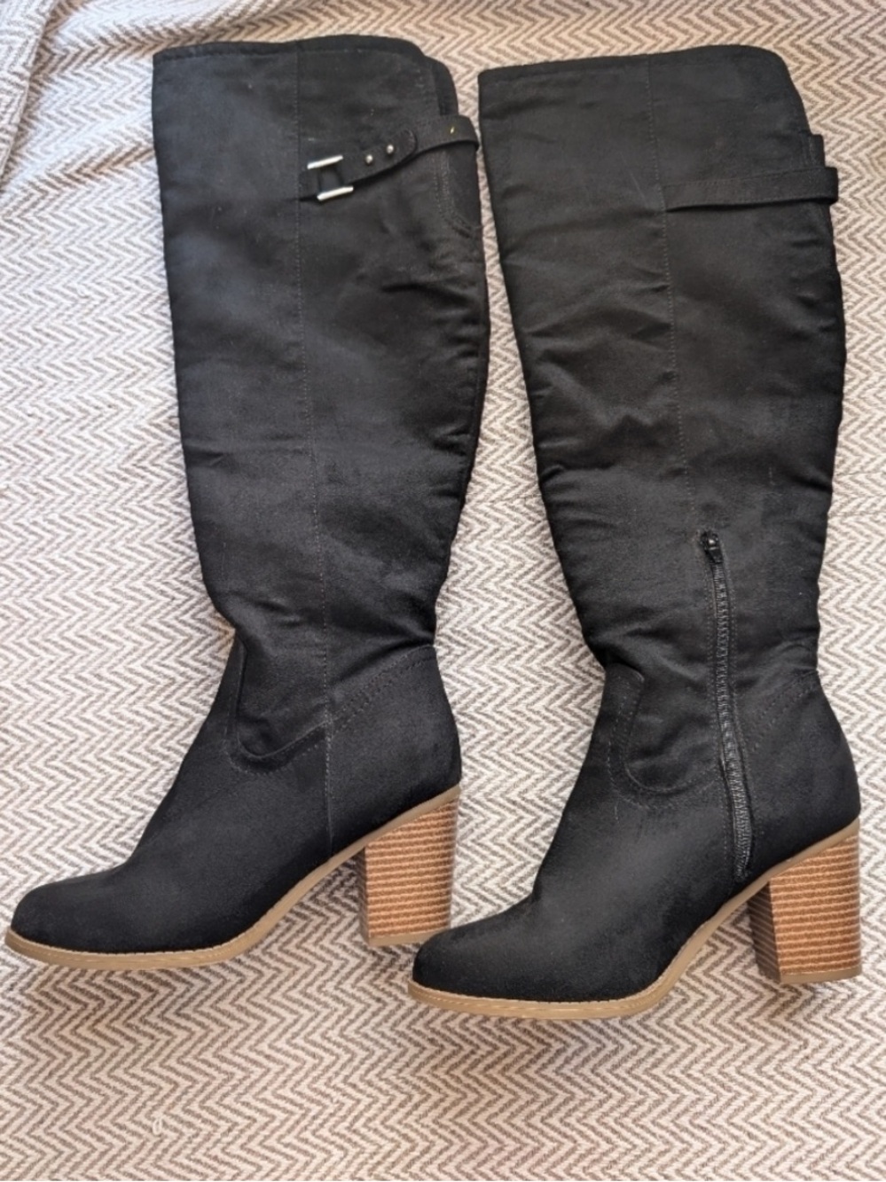 Black Suede Knee-High Block Heel Boots